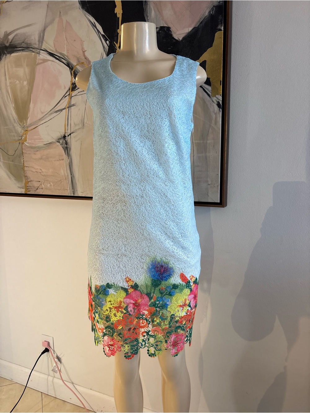 Light Blue Floral Hem Sleeveless Shift Dress